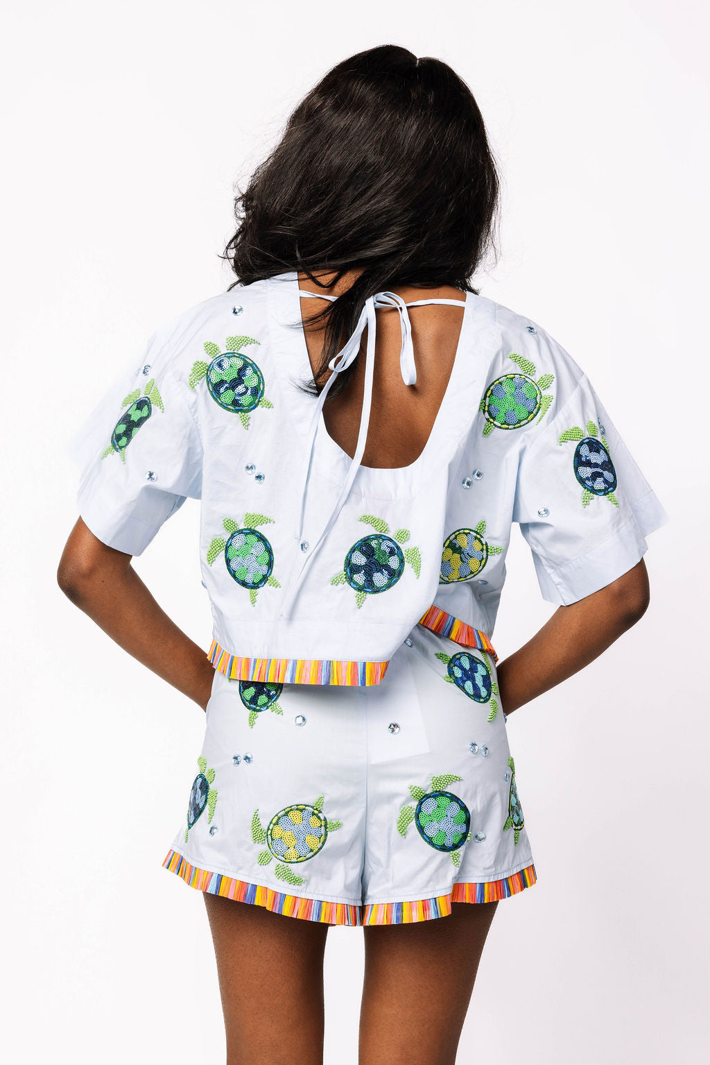 Light Blue Cotton Turtle Fringe Short