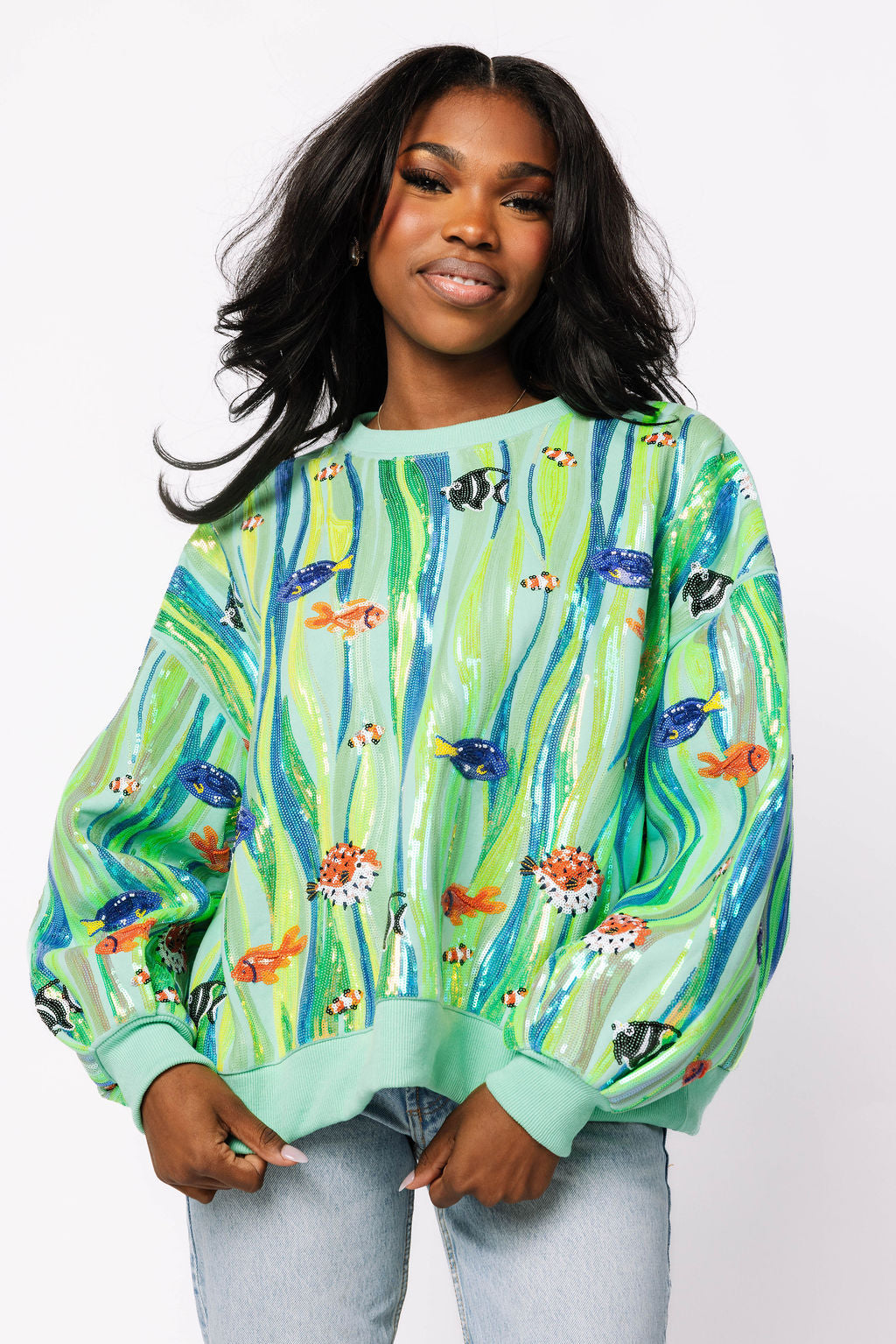 Green Multi Sequin Fish In Underwater Leaves Sweatshirt