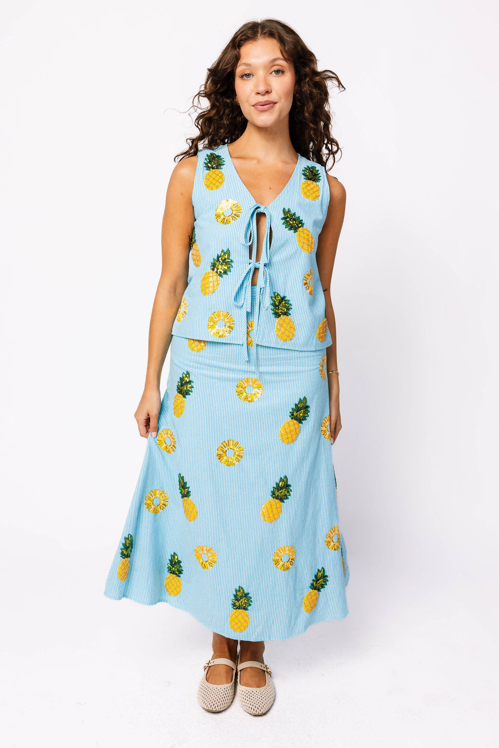 Blue & White Striped Pineapple Midi Skirt