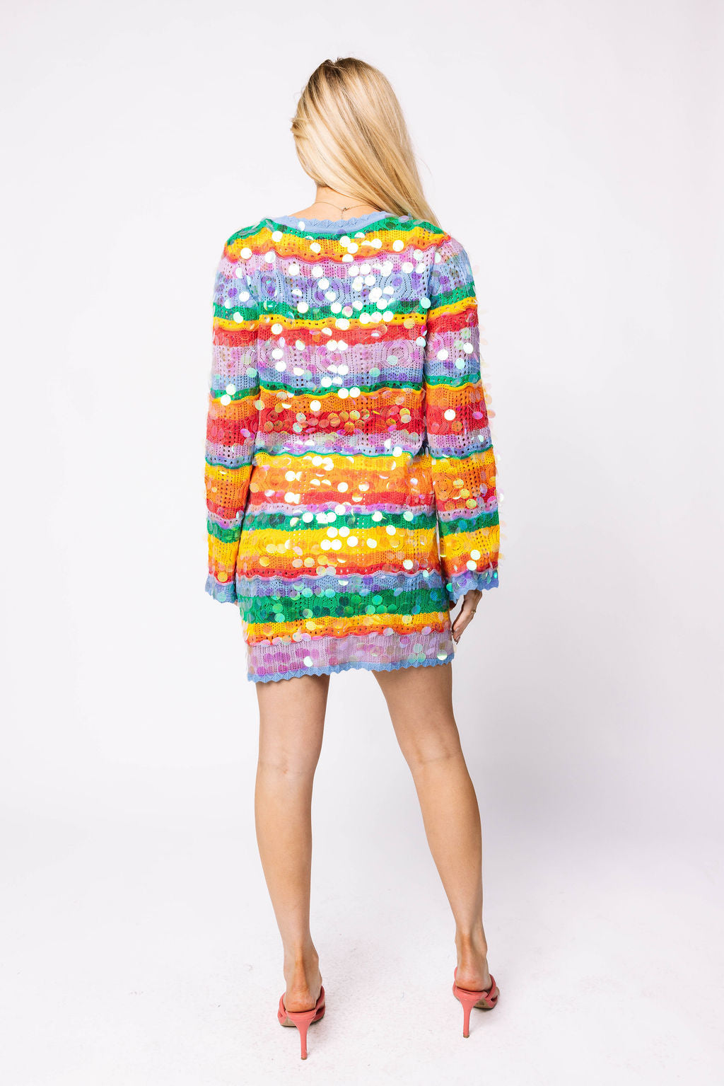 Rainbow Stripe Paillette Long Sleeve Knit Dress