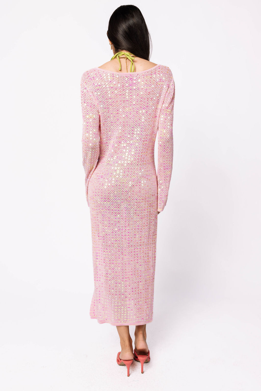 Pink Full Sequin Knit Tie Long Sleeve Midi Coverup