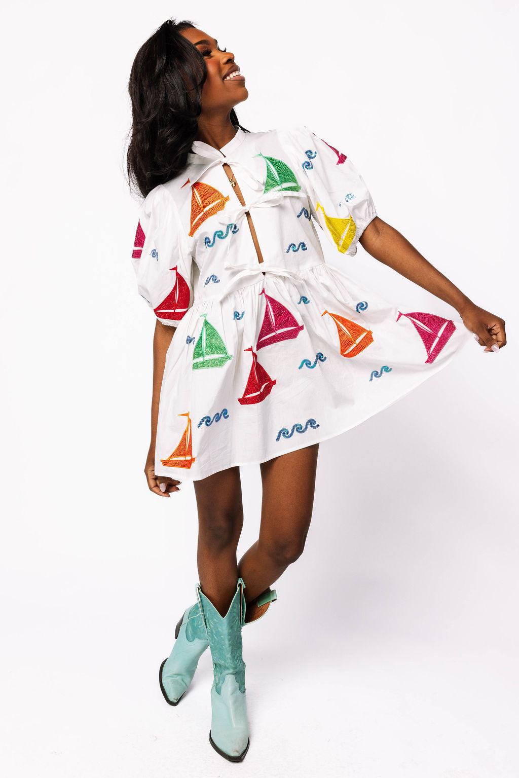 White Rainbow Sailboat Cotton Tie Dress
