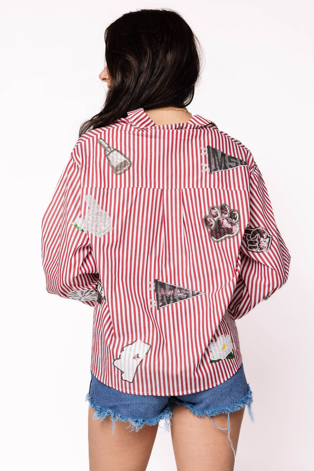 Licensed Miss State Mini Icon Striped Button Down Long Sleeve Top