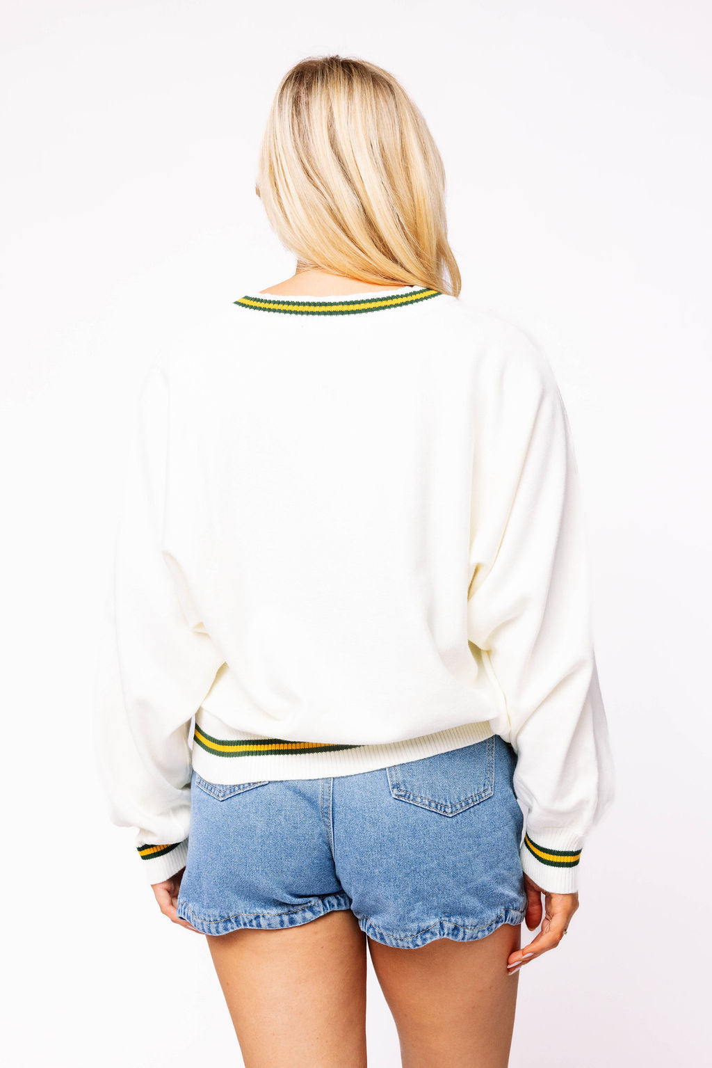 Licensed Baylor V Neck Striped Cuff LS Sweater With Small Mascot