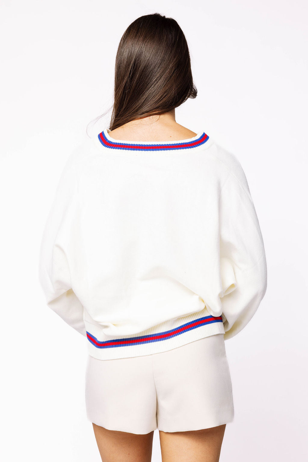 Licensed Ole Miss V Neck Striped Cuff LS Sweater With Small Mascot