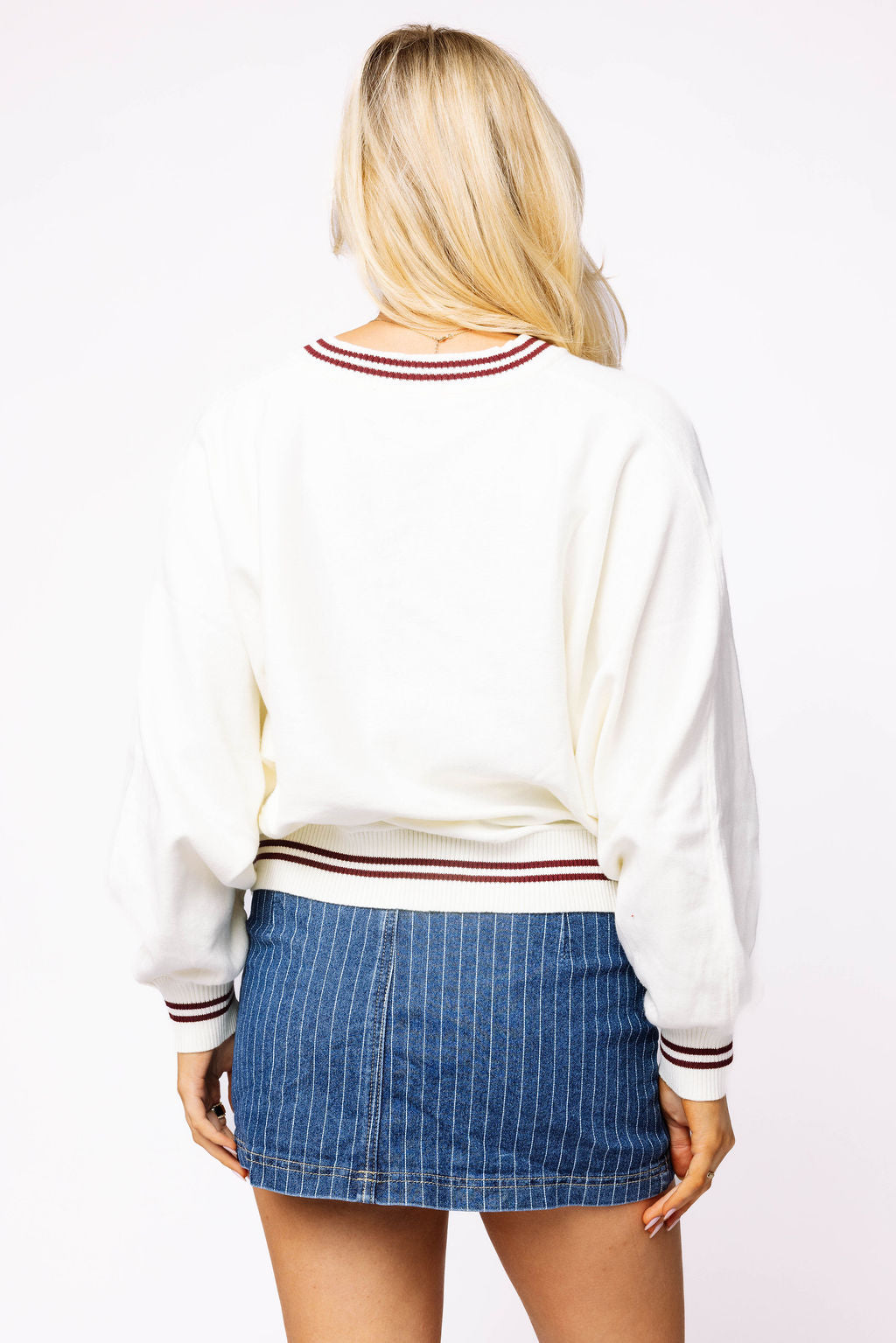 Licensed Texas A&M V Neck Striped Cuff LS Sweater With Small Mascot