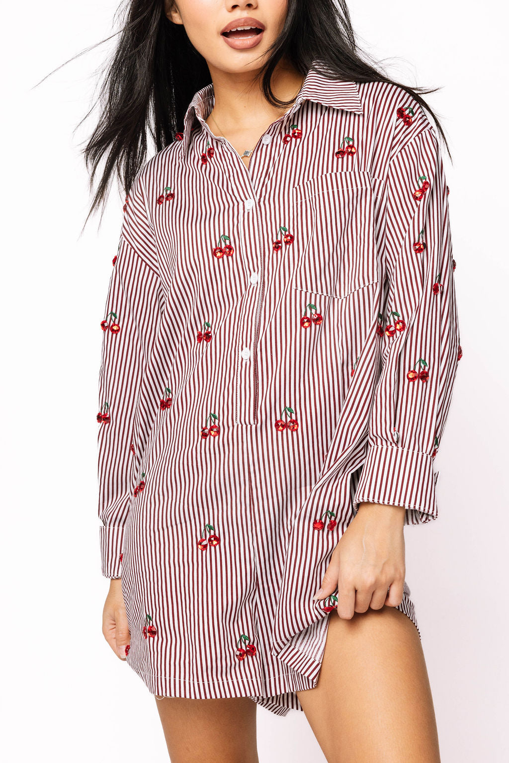Striped Cotton Button Up Long Sleeve Jeweled Cherry Romper