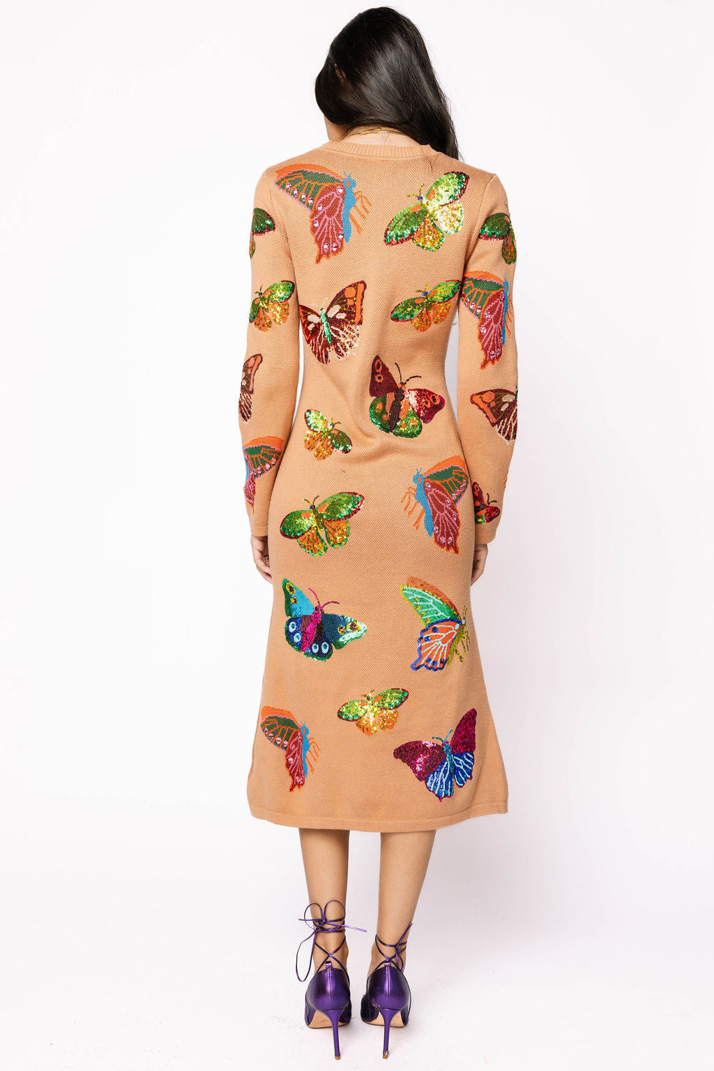 Tan Multi Butterfly Knit Midi Dress