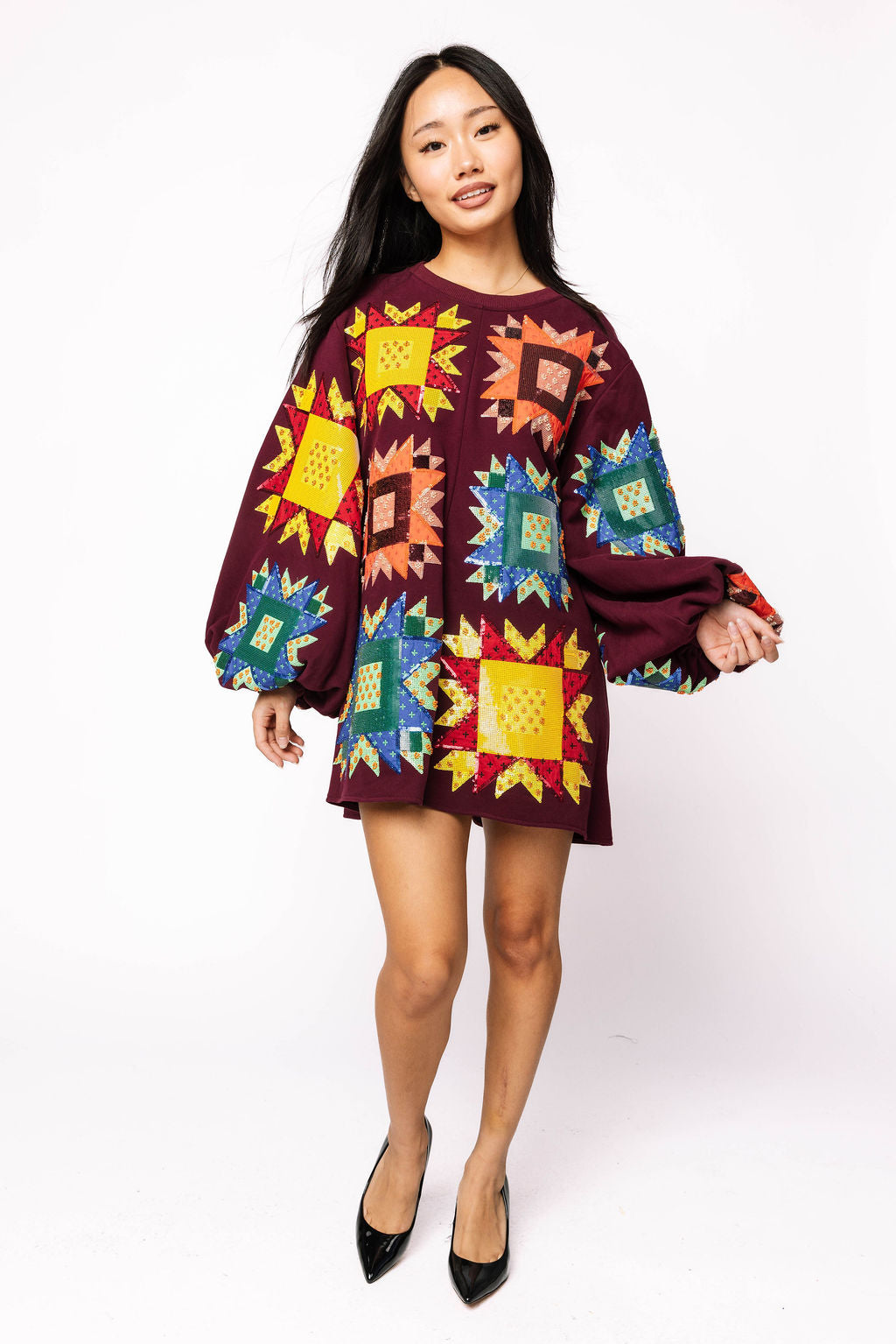 Maroon Multi Patchwork Balloon Sleeve Dress
