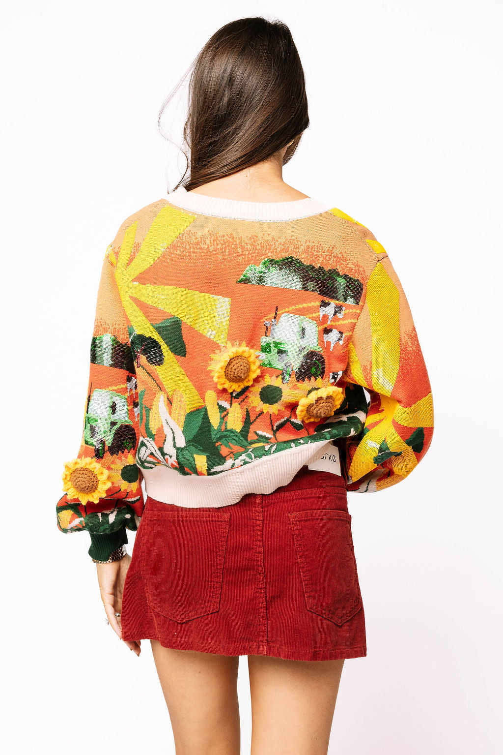Multi Farm With Knit Sunflowers Button Up Cardigan