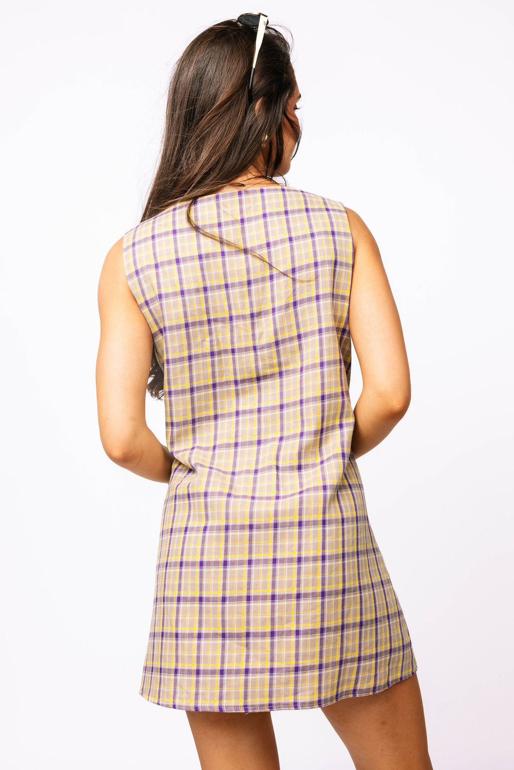 Tan, Purple & Yellow Plaid Crawling Tiger Button Tank Dress