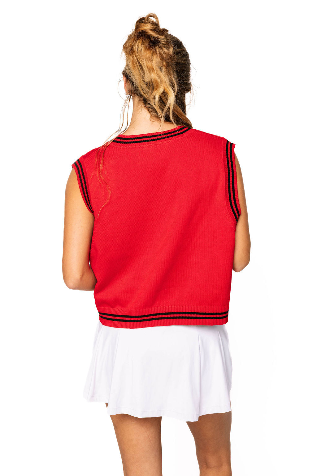 Licensed Red Texas Tech V Neck Striped Cuff Vest With Small Mascot