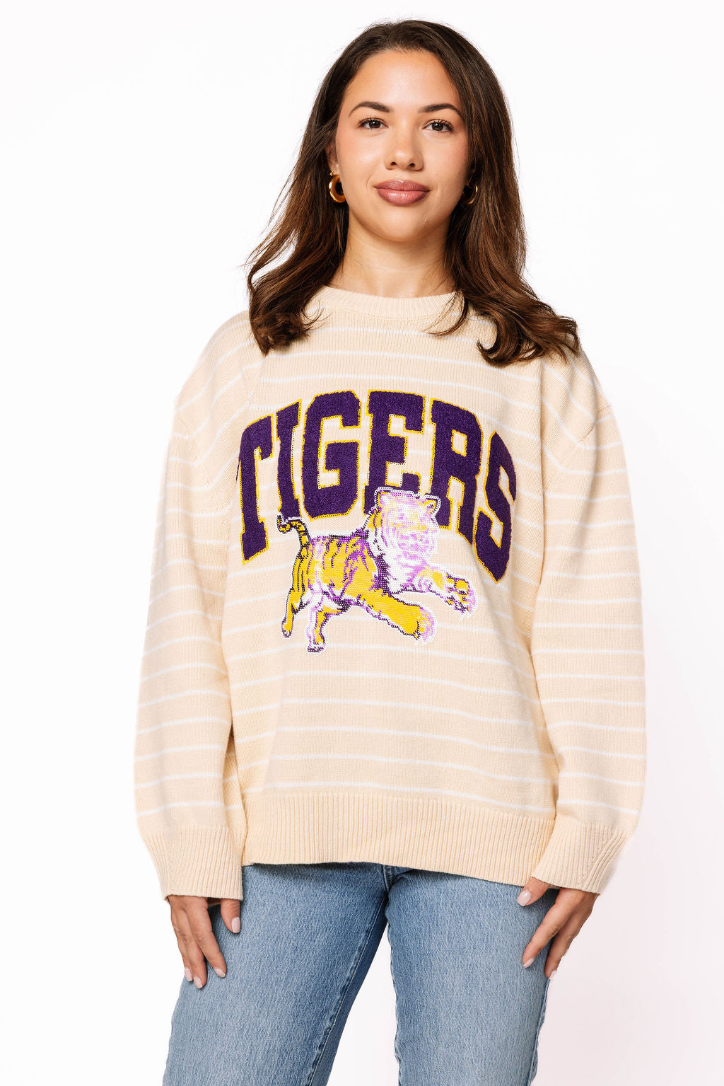 Licensed LSU Beige Stripe Vintage Team Sweater