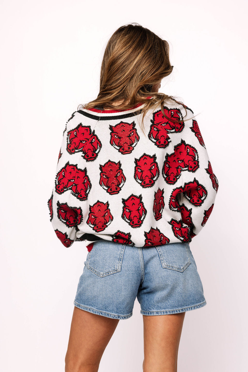 Licensed Arkansas Knit In Mascot Rhinestone Cardigan