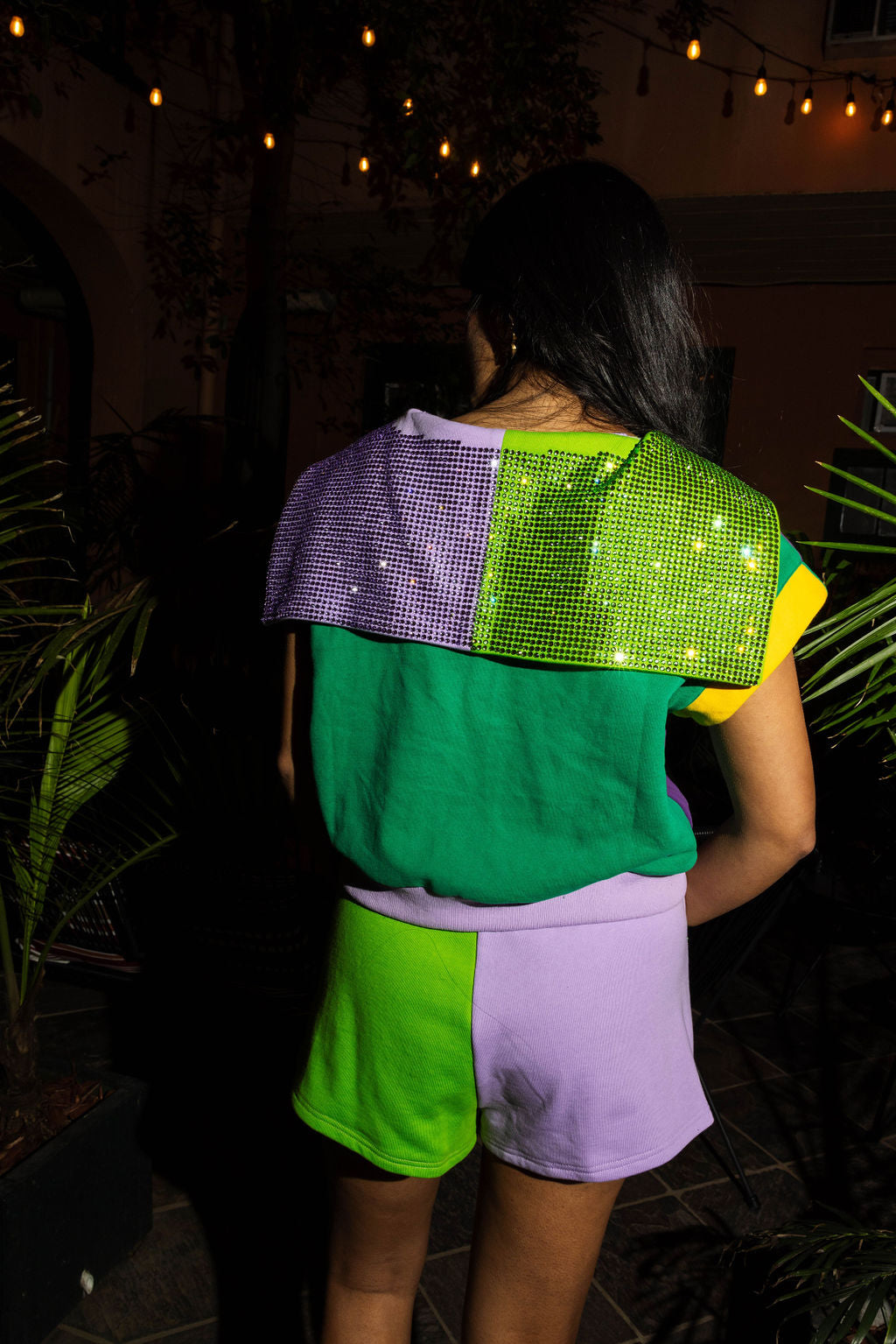 Mardi Gras Colorblock Rhinestone Collar Top