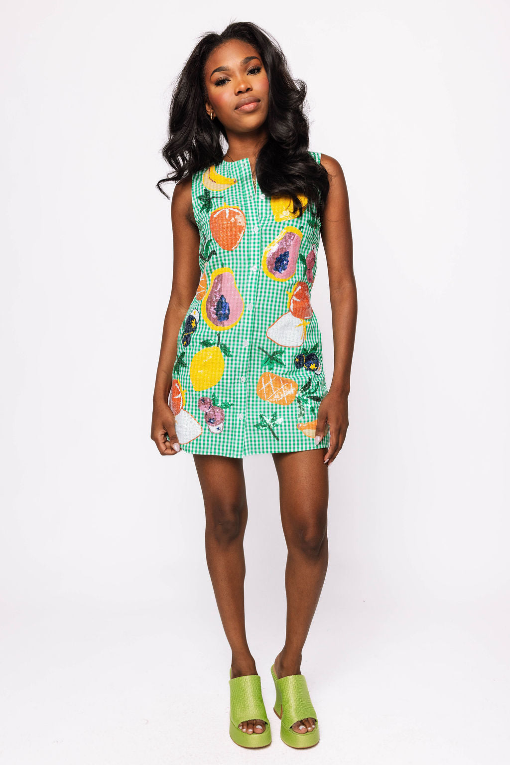 Green Gingham Fruit Button Up Tank Dress