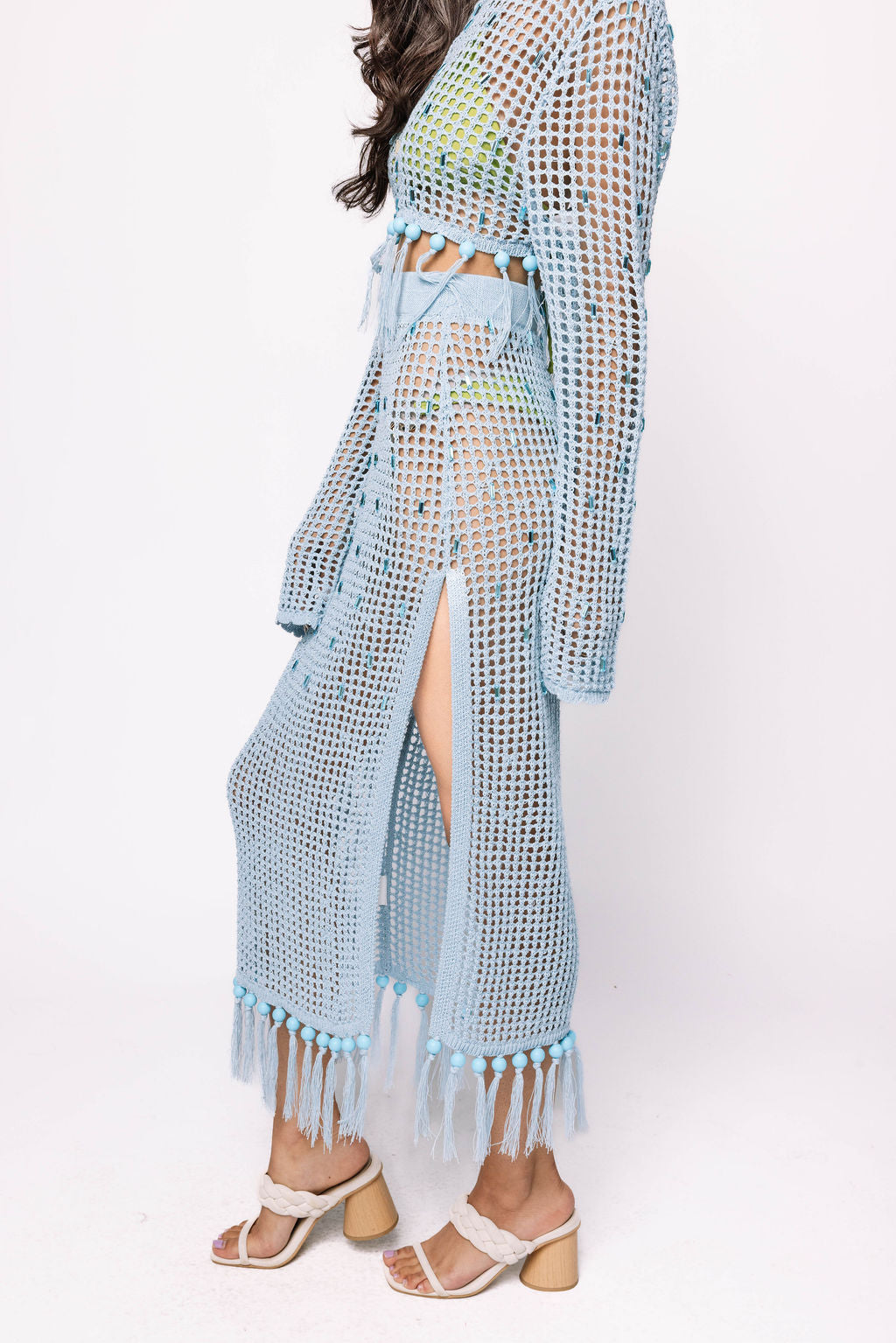 Light Blue Mesh Fringe Coverup Midi Skirt