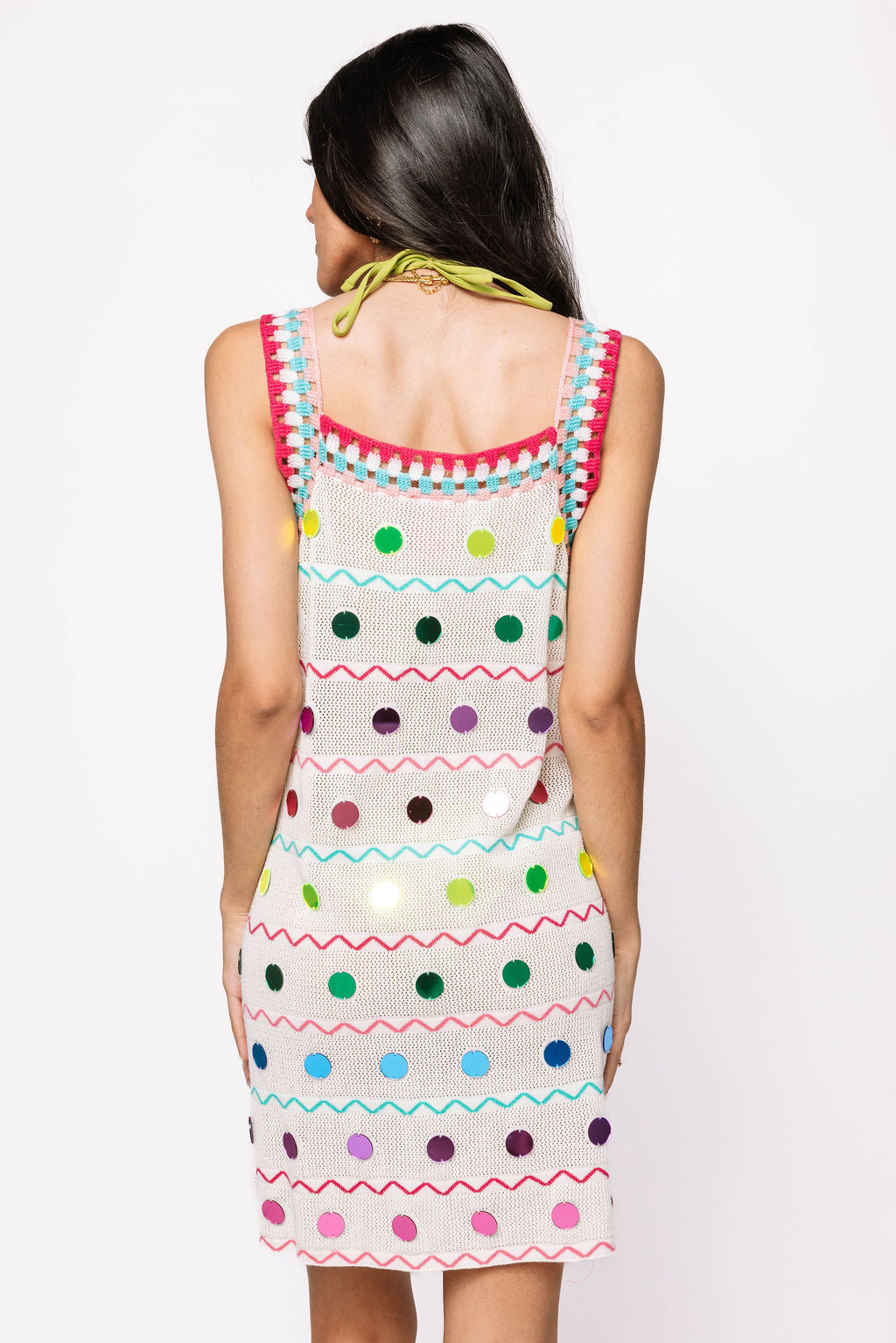 White & Rainbow Crochet & Pailette Zig Zag Coverup