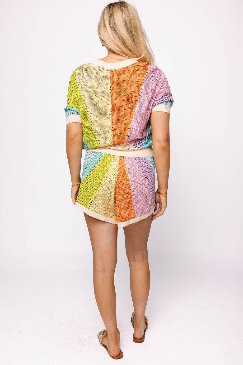 Muted Rainbow Rhinestone Sunshine Short Sleeve Sweater