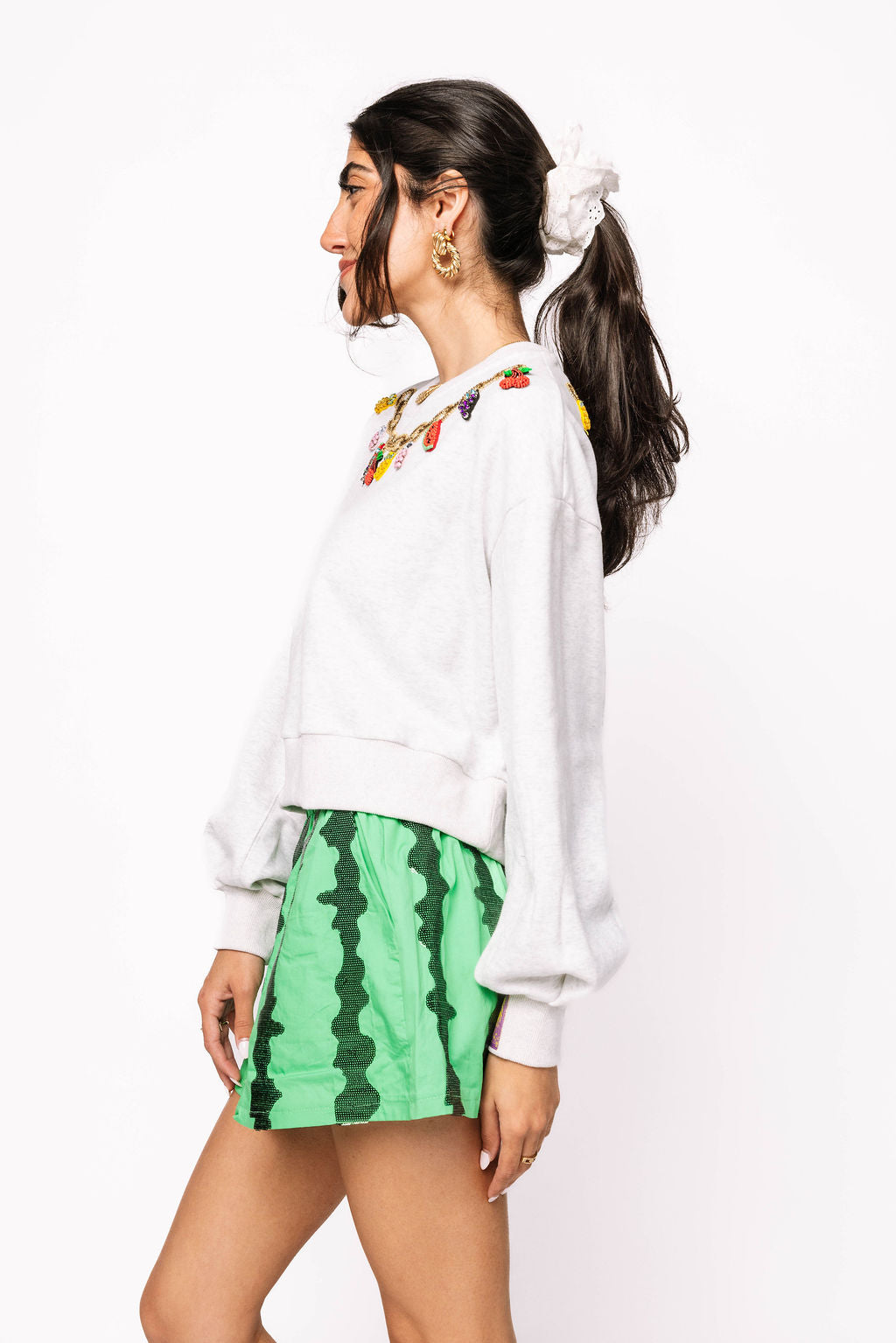 Grey Fruit Charm Necklace Sweatshirt