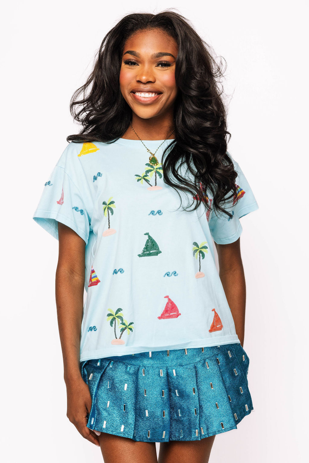 Aqua Sail Boat & Palm Tree Icon Tee