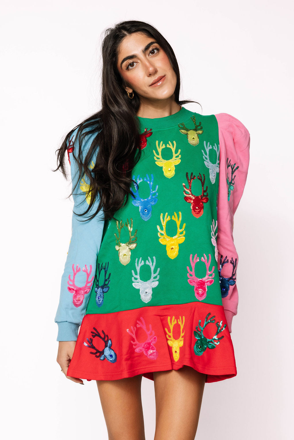 Colorblock Dress With Velvet Reindeer Heads