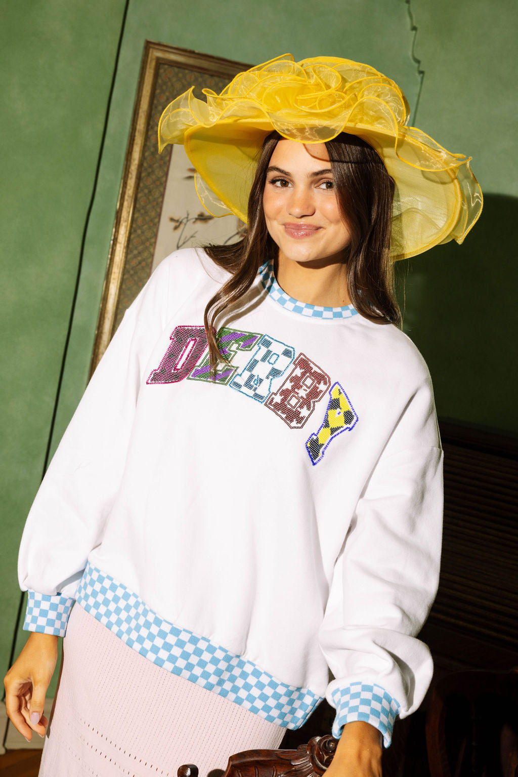 White Checkered Trim 'Derby' Sweatshirt