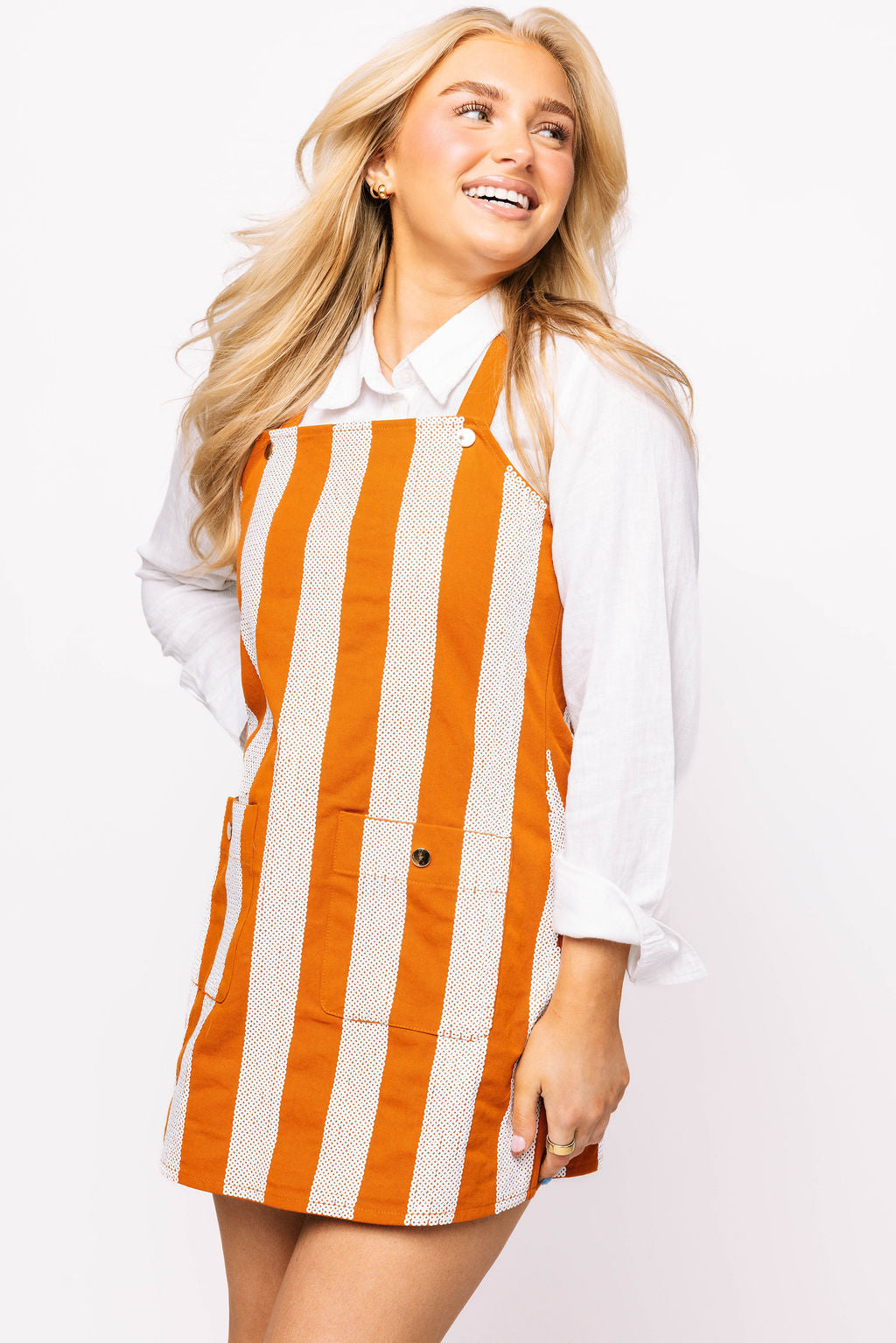Burnt Orange & White Sequin Striped Overall Dress