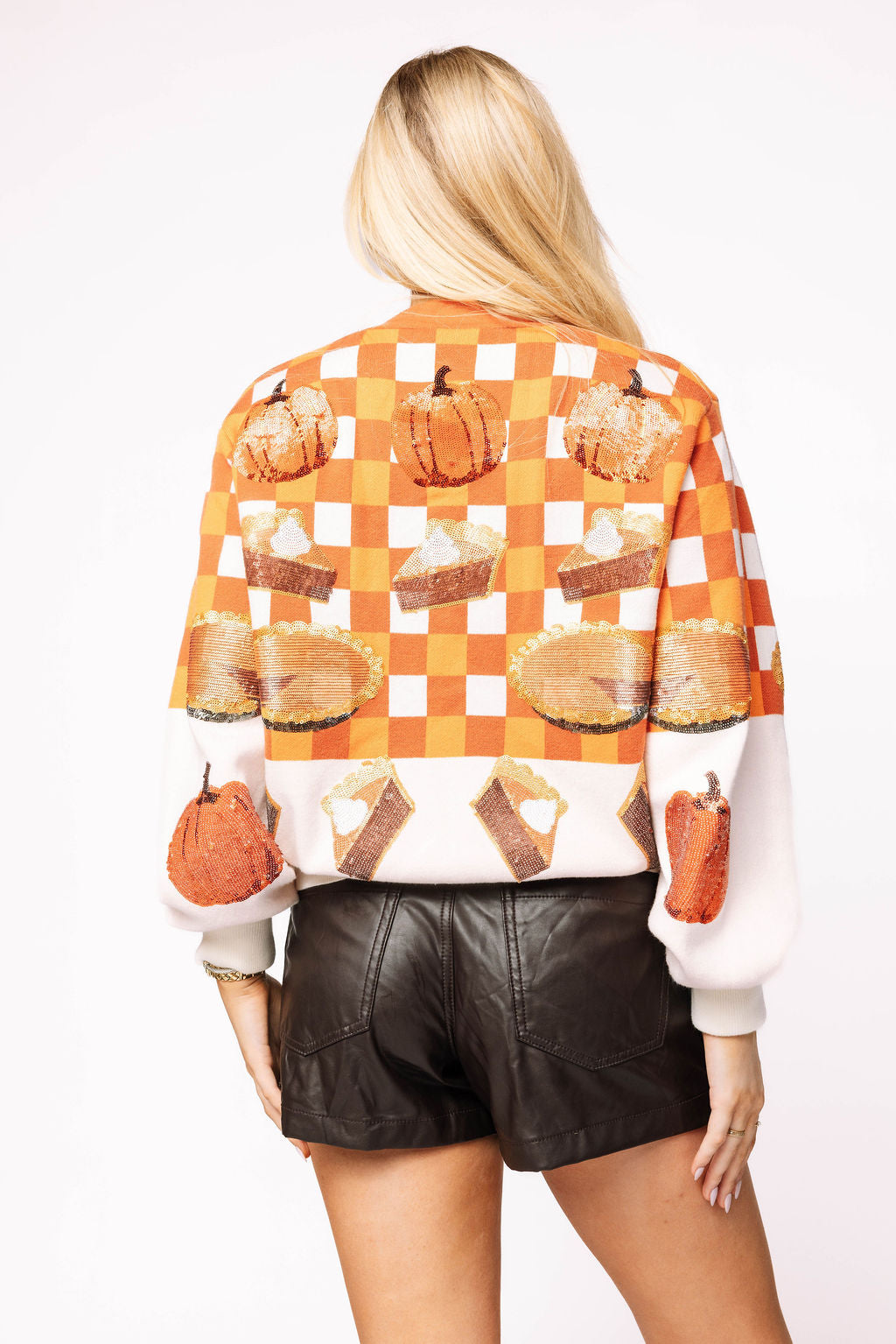 Orange & White Checkered Pumpkin Pie Button Up Cardigan