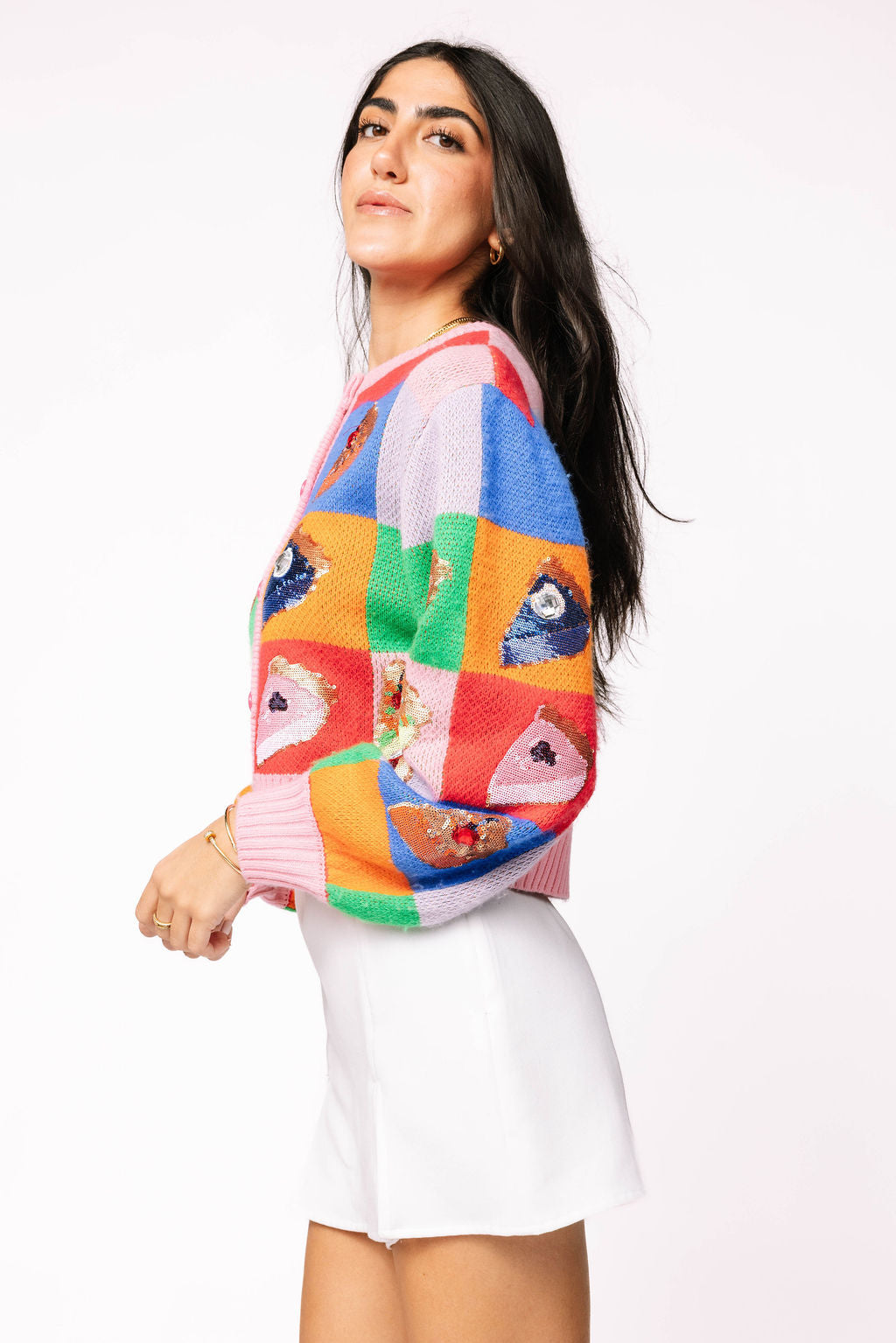 Rainbow Colorblock Piece of Pie Button Up Sweater