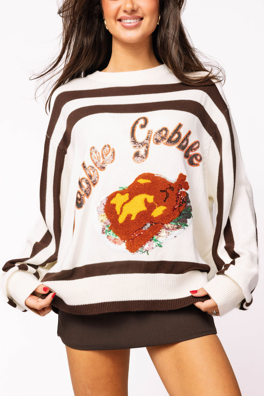 White & Brown Stripe 'Gobble' Long Sleeve Sweater