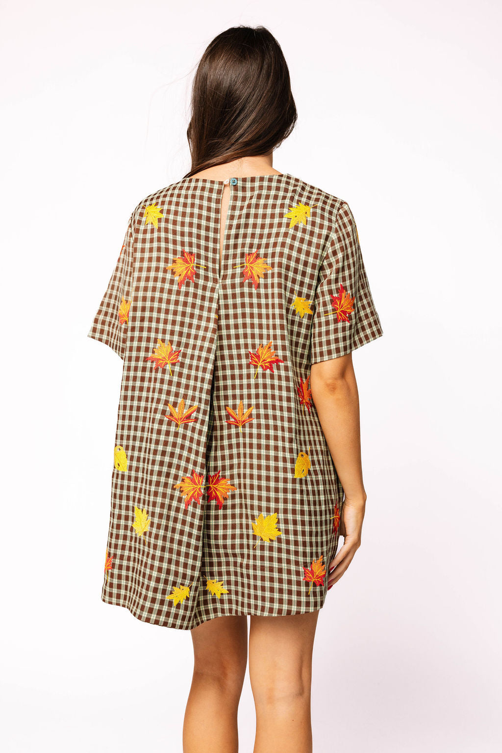 Brown Plaid Big Turkey & Leaves Short Sleeve Dress