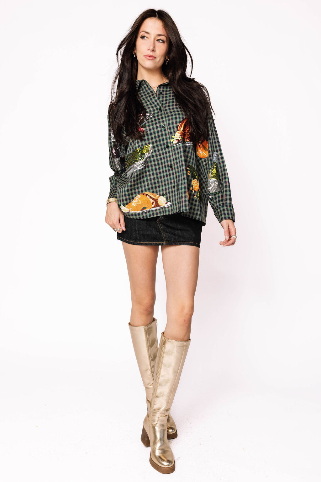 Navy Plaid Queen of Turkey Button Up Long Sleeve Top