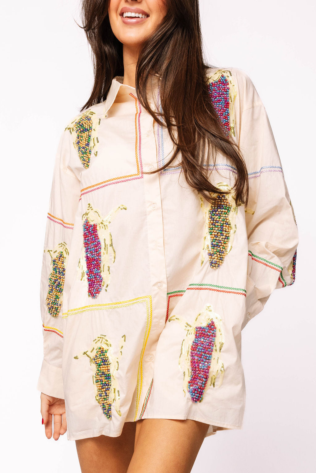 Beige Button Up Multi Corn Cotton Collar Dress