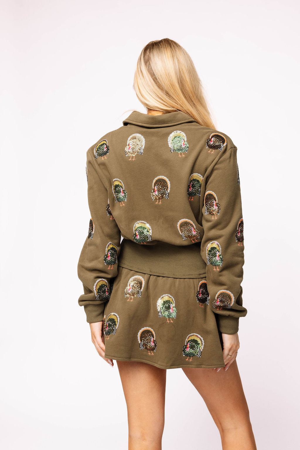 Sample Olive Green Scattered Turkey Zip Collar Dress