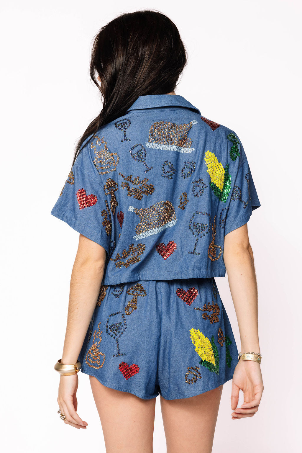 Sample Denim Needlepoint Thanksgiving Food Top/Short Set