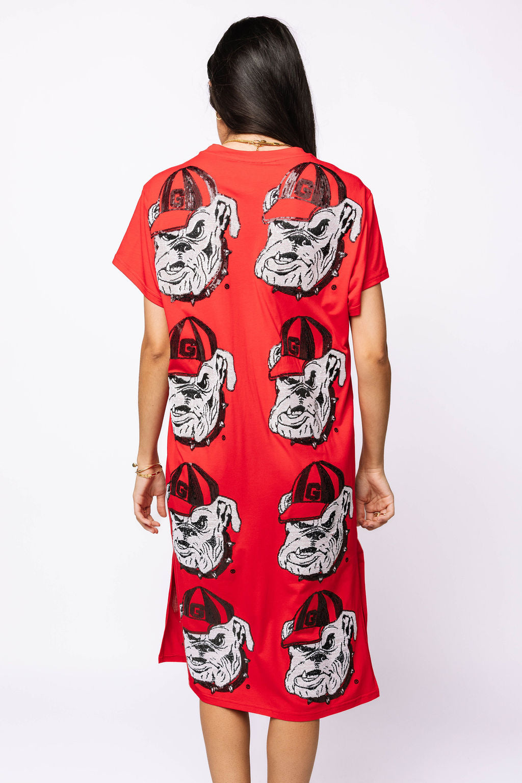 Licensed Red Sequin Georgia Bulldog Head Midi Tee Dress
