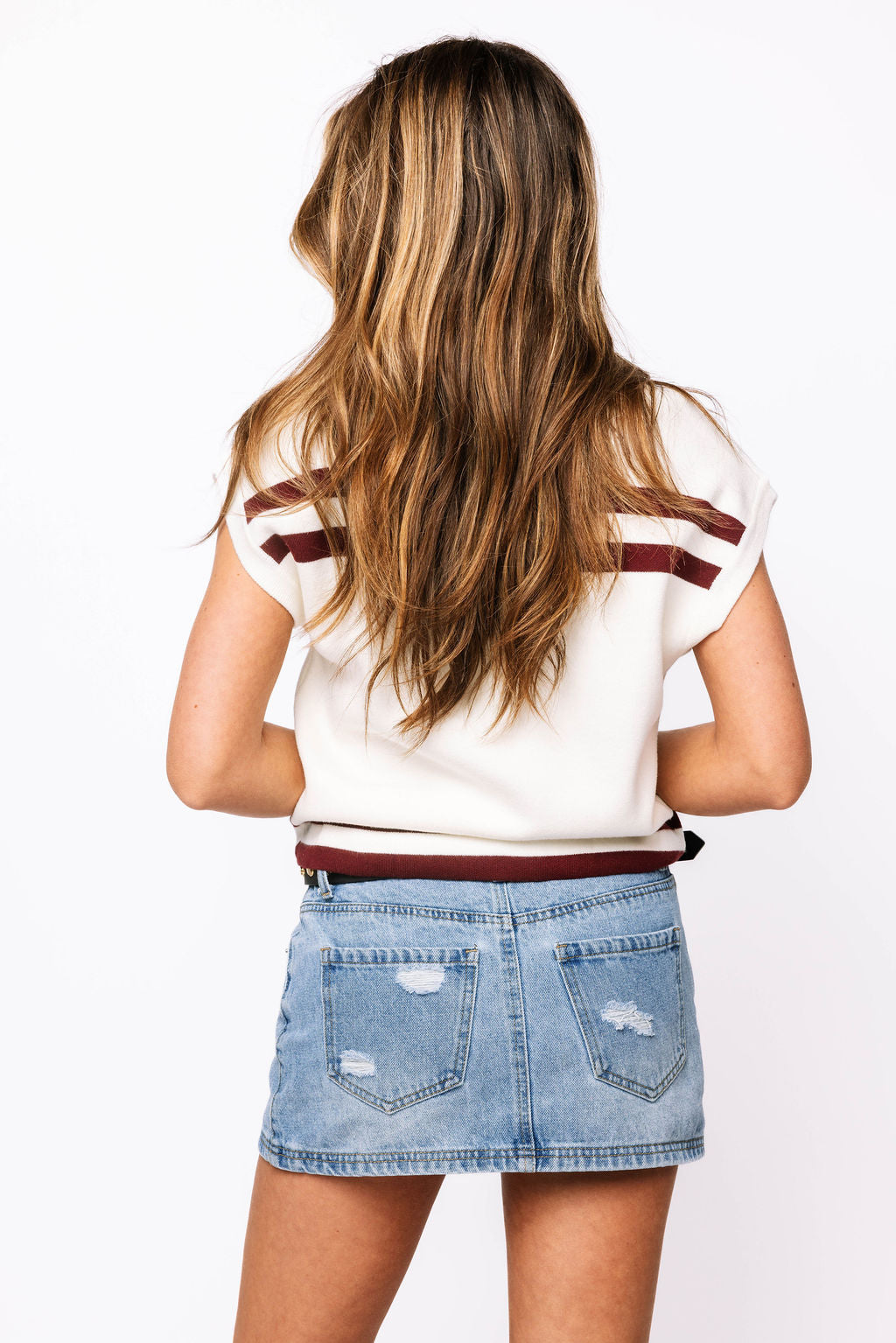 Licensed-Maroon & White MS State Bulldog Striped Short Sleeve Top