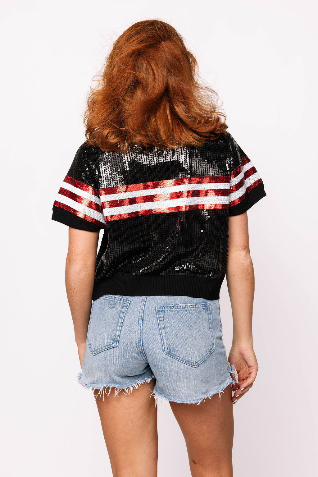 SAMPLE - Red & Black Full Sequin Football Striped SS Sweater