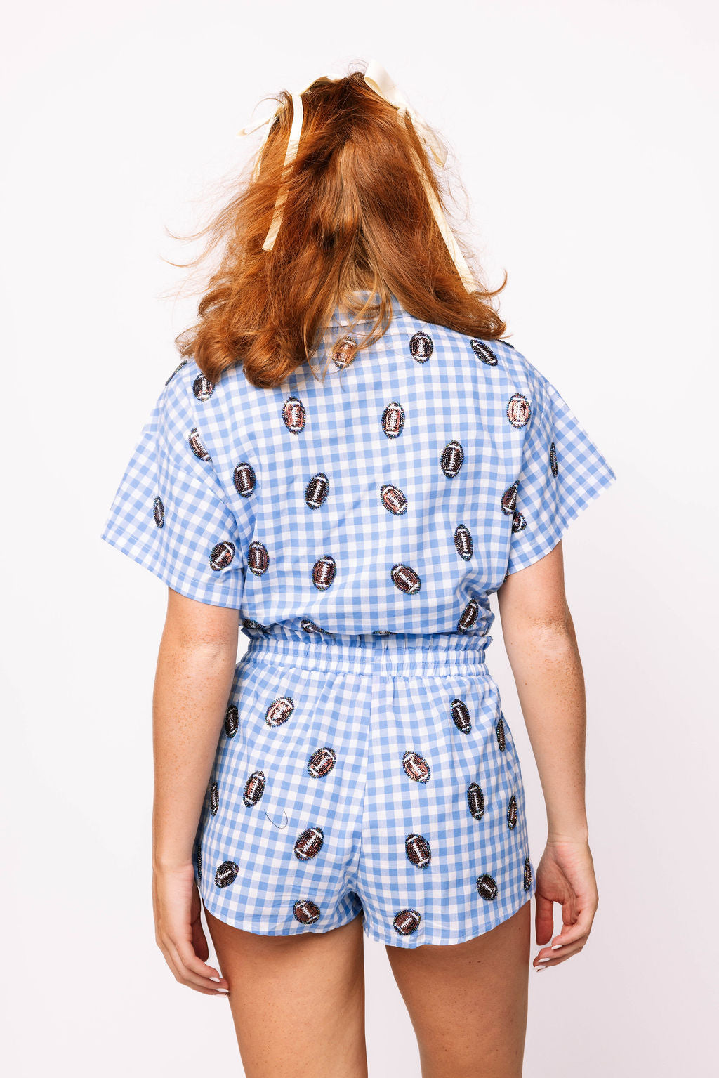 SAMPLE - Powder Blue Gingham Set with Mini Footballs