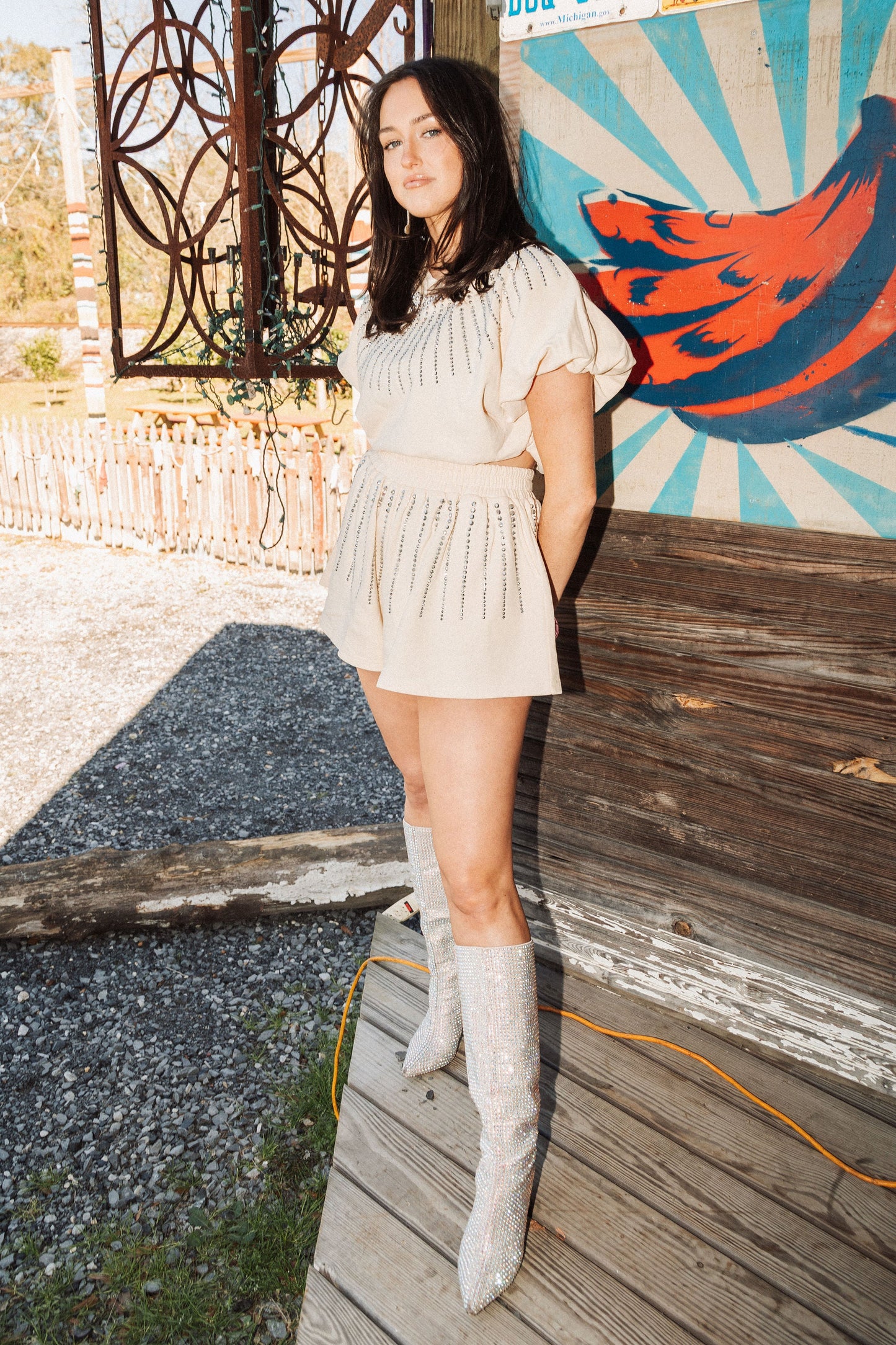 Beige Rhinestone Burst Bubble Top