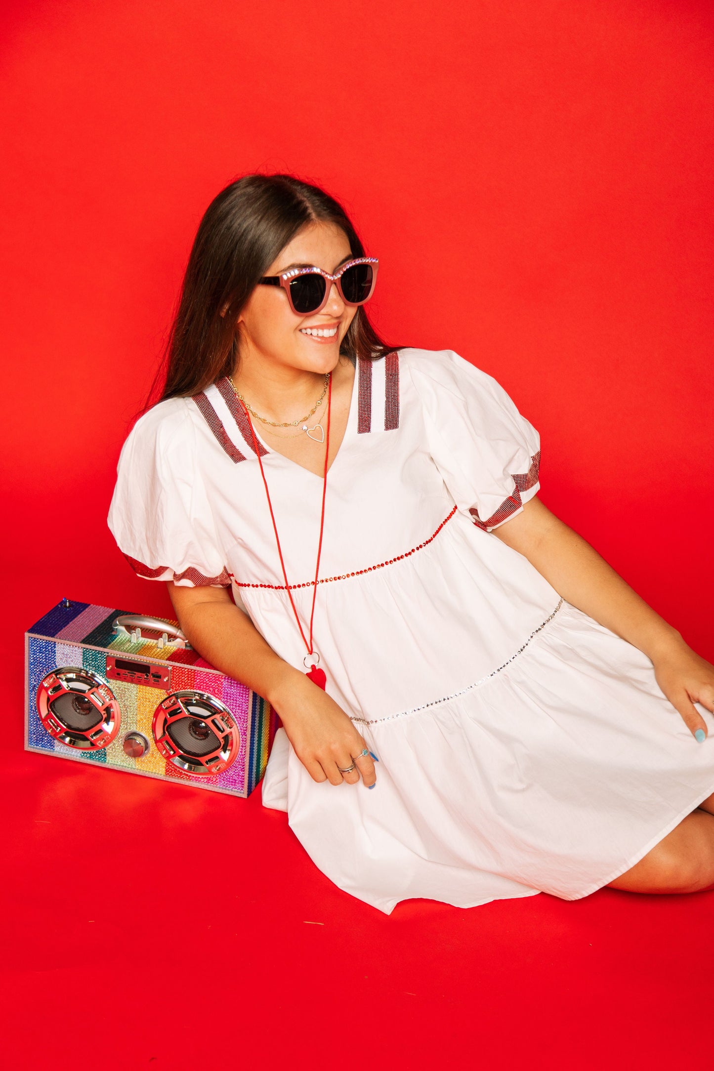 White & Crimson Poof Sleeve QOS Jersey Dress