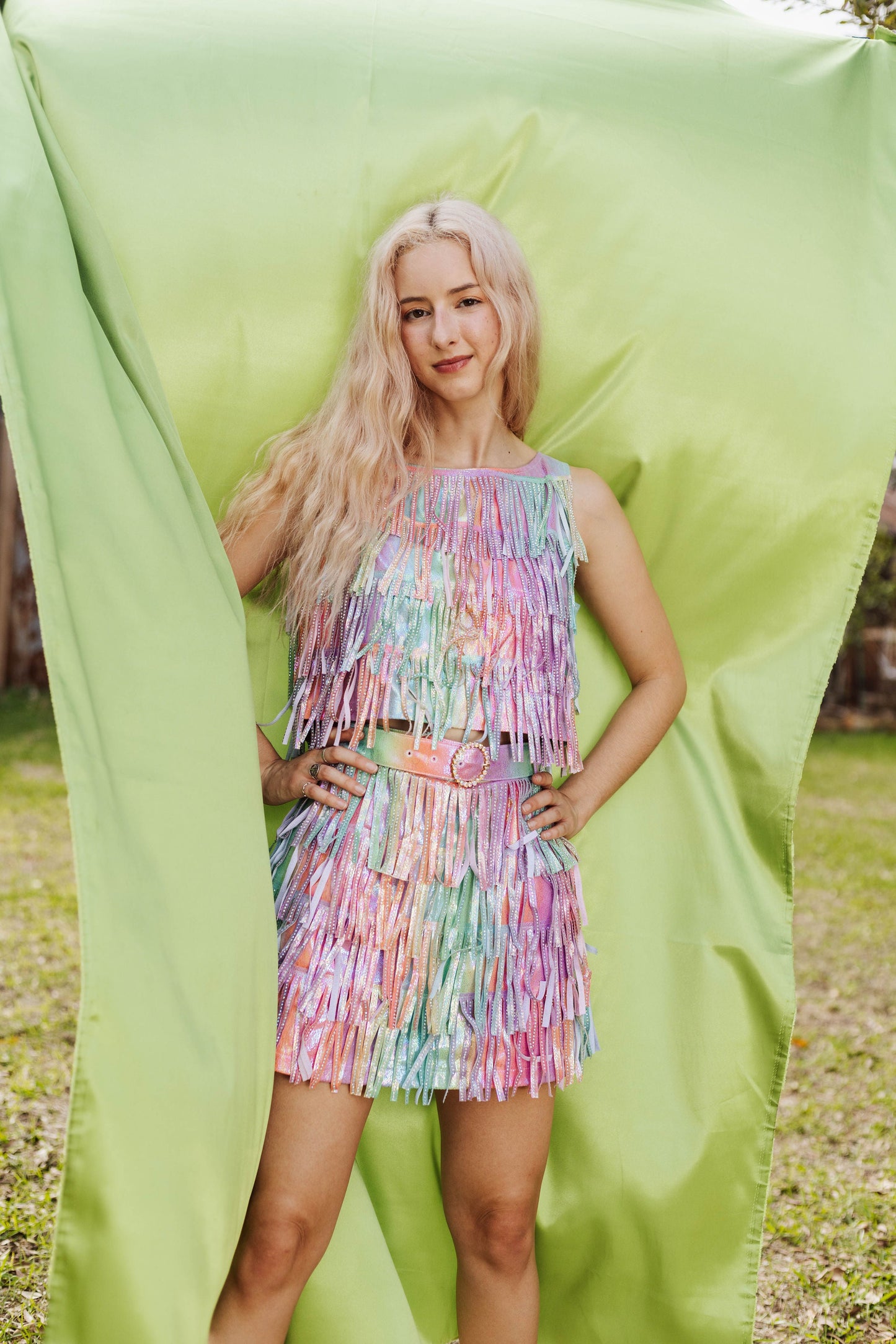 Rainbow Leather Fringe Rhinestone Top