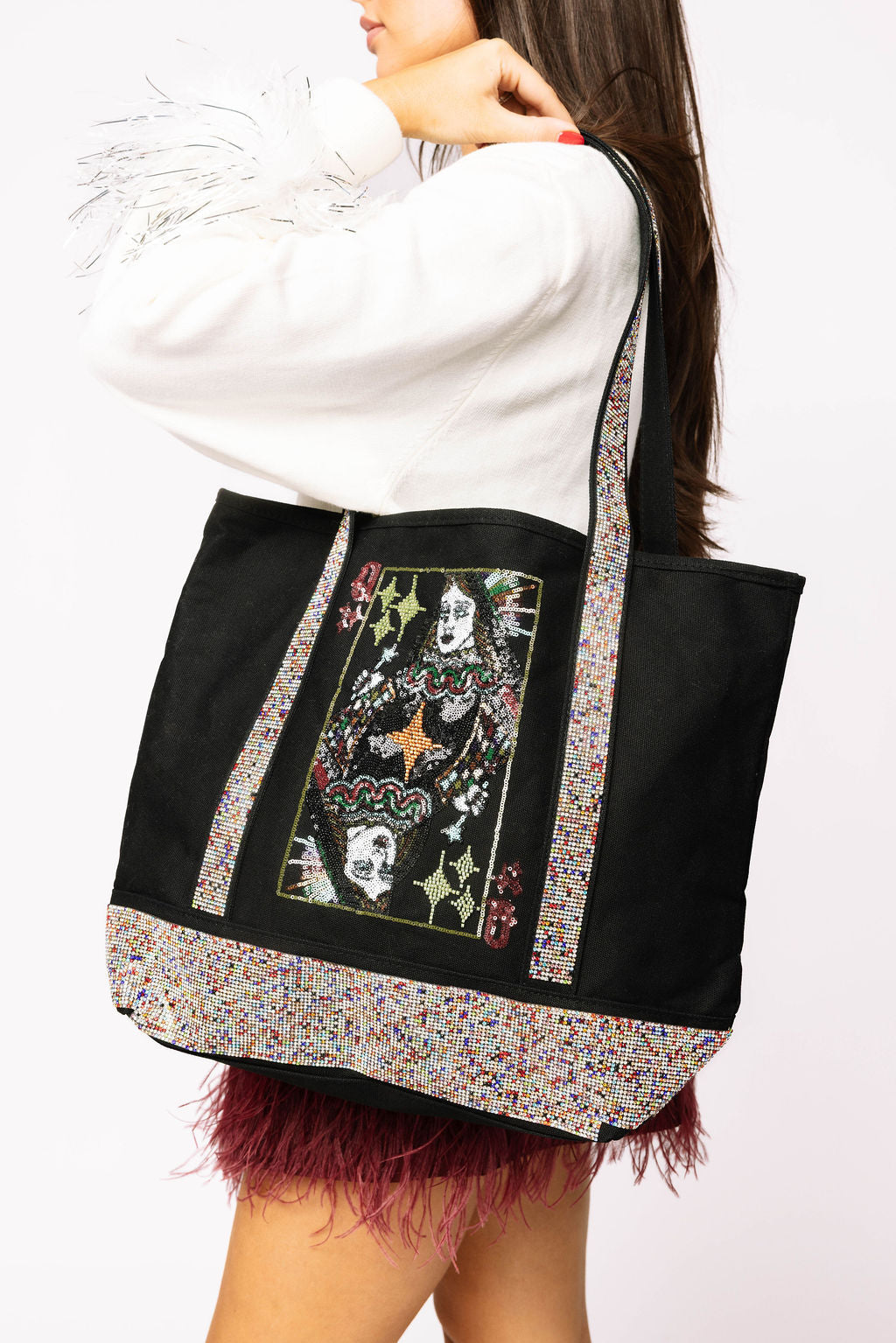 Black Medium Rhinestone Queen Tote Bag