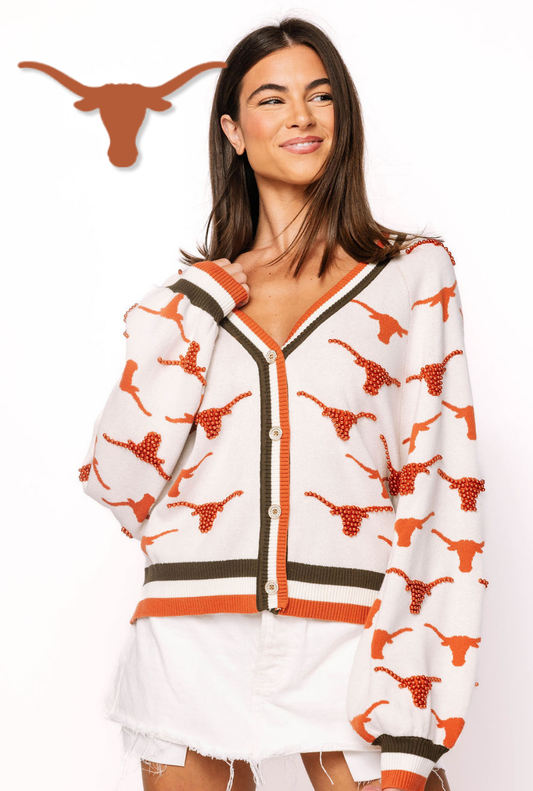 Licensed Texas Knit In Mascot Rhinestone Cardigan
