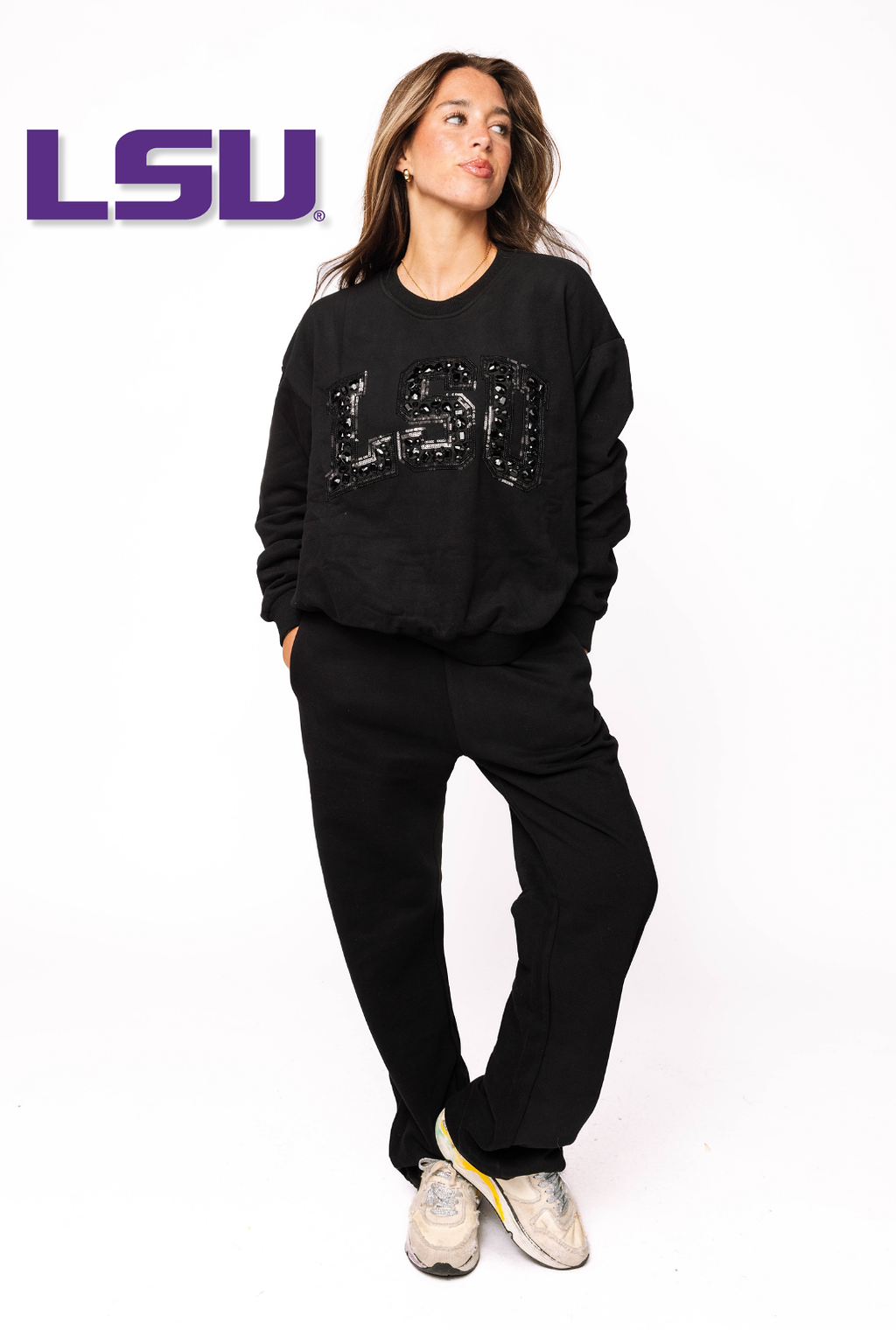 Licensed LSU Black with Black Jewel Letter Sweatshirt