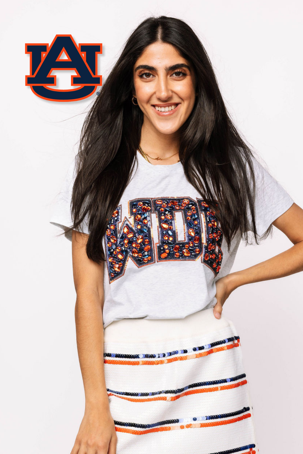 Licensed Auburn 'WDE' Grey with Multi Jewel Letter Tee