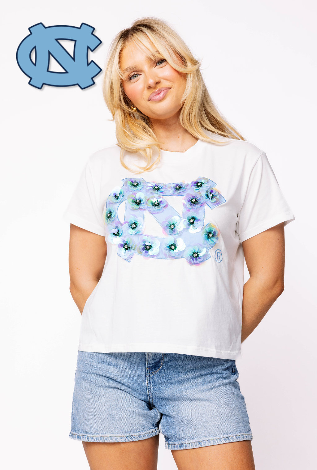 Licensed UNC Mascot Sequin Flower Tee