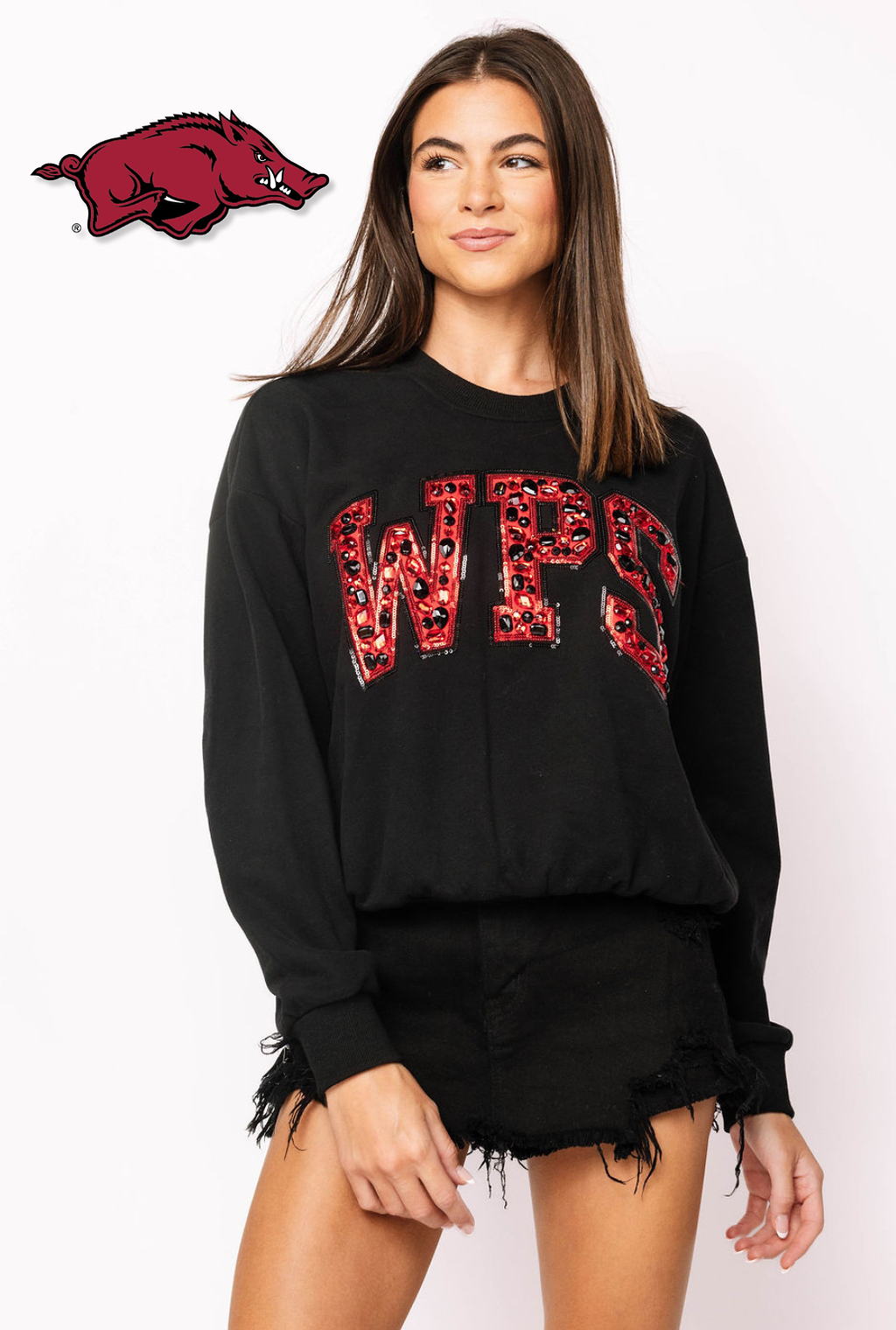 Licensed Arkansas Black with Multi Jewel Letter Sweatshirt