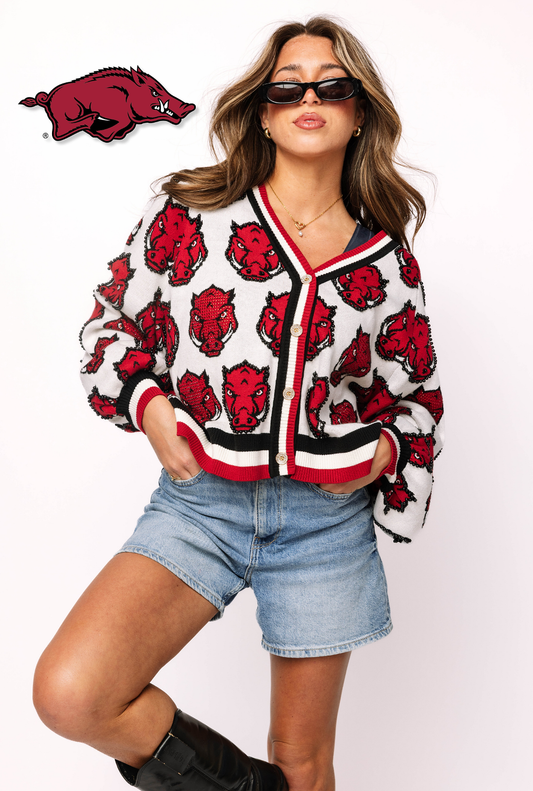 Licensed Arkansas Knit In Mascot Rhinestone Cardigan